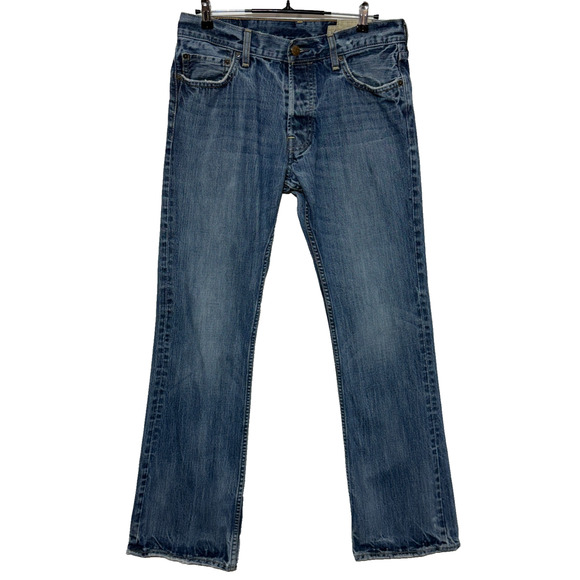 Hollister Jeans Mens 34X34 Blue Distressed Boomer Low Rise Slim Boot Button Fly - Picture 1 of 12